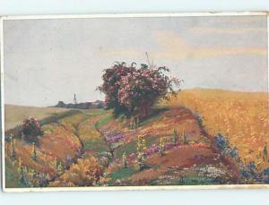 Pre-Linen foreign signed FLOWERING TREES BY THE GRAIN FIELD HL8140