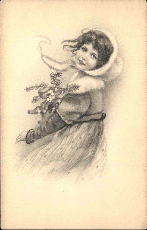 Beautiful Little Girl with Mistletoe M. Munk Publisher c1910 Vintage Postcard