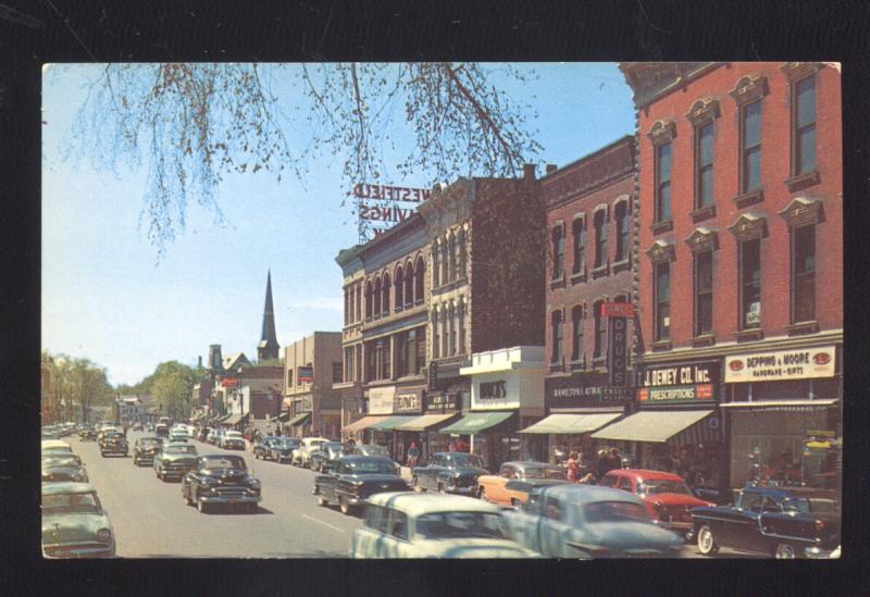 WESTFIELD MASSACHUSETTS DOWNTOWN MAIN STREET SCENE VINTAGE POSTCARD OLD CARS