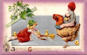 Winsch Easter Postcard Baby Toddler Child Holding Chicks Riding a Chicken Girl
