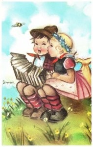 Vintage Postcard 1910's Reading Books Together Childhood Memories Souvenir 