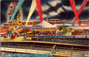 Linen Postcard The Fun Deck by Moonlight in Ocean City, New Jersey