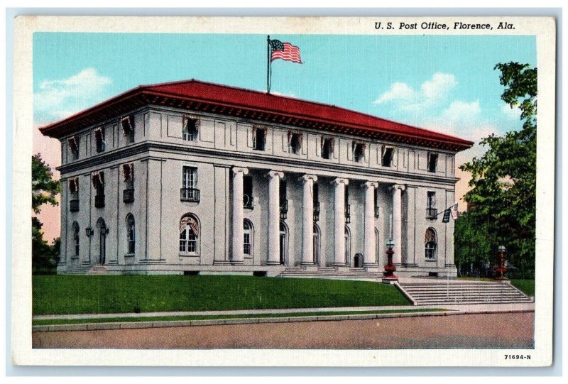 c1930's US Post Office Building Scene Street Florence Alabama AL Postcard