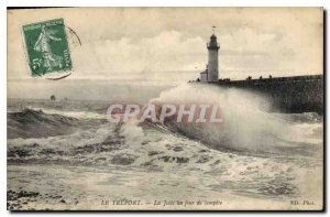 Postcard Old Treport la Jetee one day Tempete