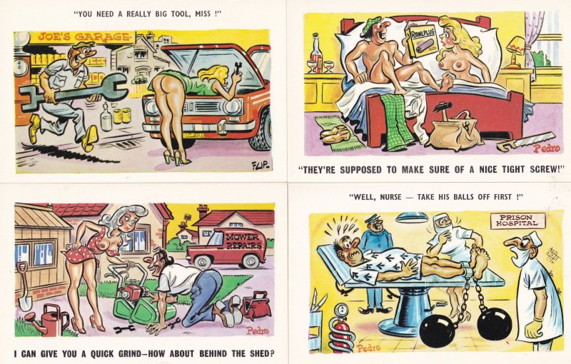 Plumber Nuts & Bolts Spanner Repair Man 4x Comic Postcard s