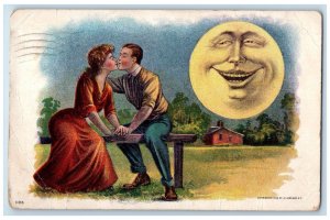 c1910's Sweet Couple Kissing Romance Anthropomorphic Moon Meeker Postcard