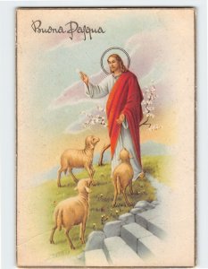 Postcard Buona Pasqua with Jesus Sheep Flowers Easter Art Print