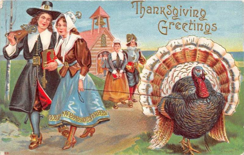 Thanksgiving  Pilgrims and a Turkey on a leash