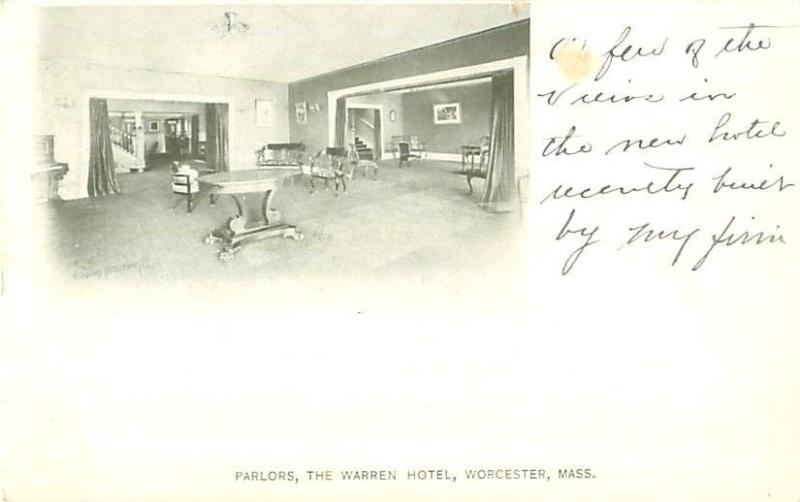 Warren Hotel, Worcester MA Interior Parlor View Early 1900s Postcard O J Pomeroy