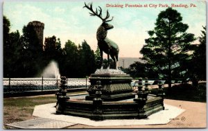 Reading Pennsylvania PA, Drinking Fountain at City Park, Stag Statue, Postcard
