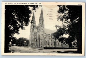 1939 Cortland New York NY Vintage Postcard St Mary Catholic Church Building Road