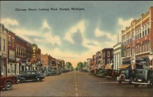 Sturgis MI Chicago St. Stores & Cars Linen postcard