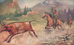 Vintage Postcard Real Painting Cowboys Riding Their Horse War Scene Davenport