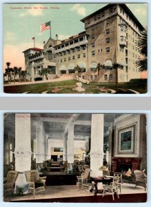 2 Postcards SEABREEZE, Daytona Beach FL ~ Lobby Interior CLARENDON HOTEL 1910s