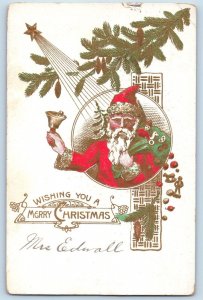Christmas Postcard Santa Claus Bell Holly Berries Los Angeles California CA 1916