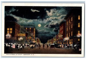 Aberdeen South Dakota SD Postcard Main Street Night Moon c1920 Vintage Antique