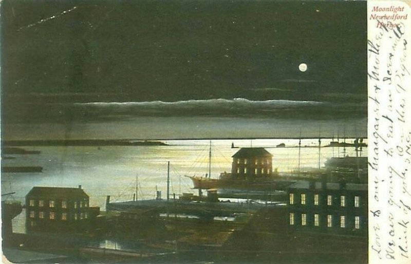 New Bedford MA Harbor at Night Postcard Postmarked 1906