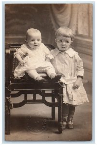 c1905 Studio Children Baby Siblings Cute Hagerstown MD RPPC Photo Postcard 