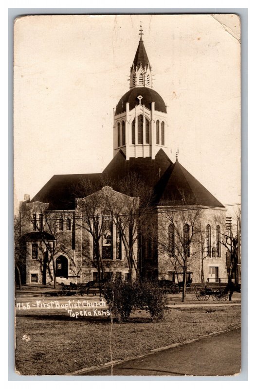 c1911 Postcard KS First Baptist Church Topeka Kans. Kansas RPPC Horse Buggy