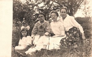 Vintage Postcard Portrait of Family Older Women with Little Girls Taken Outside