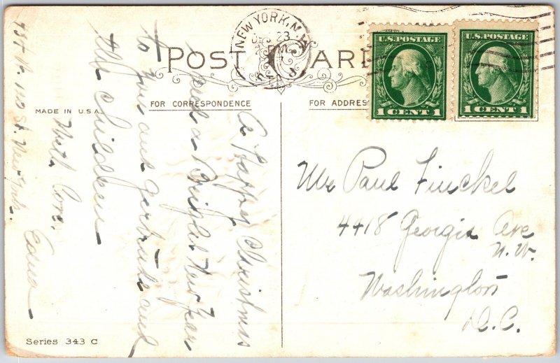 Christmas Greeting, 1917 Snowy House In Diamond Frame & Holly Leaves, Postcard