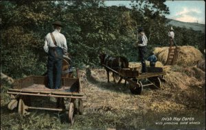 Ireland Farming Irish Hay Carts with Solid Wheels Agriculture c1910 Postcard