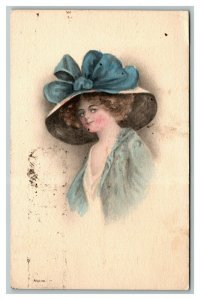 Vintage 1912 Fine Art Postcard Woman Large Hat Blue Bow Blue Jacket - Nice