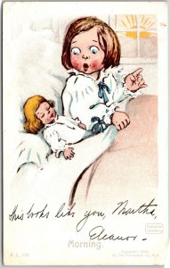 1909 Young Girl Waking Up in Bed W/ Doll, Morning,Katharine Gassaway, Postcard