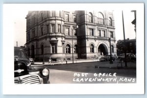 Leavenworth Kansas KS Postcard RPPC Photo Post Office Building Cars c1950's