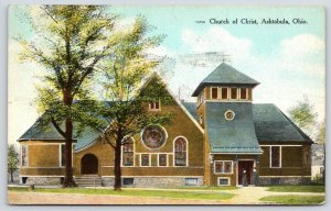 Ashtabula Ohio~Church of Christ~Couple Chat at Door~Stained Glass Windows~1910