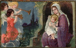 Angels Play Trumpets for Mary and Baby Jesus Christmas Gel c1910 Postcard