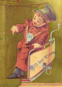 1881 Victorian Trade Card Train Adorable Little Boy Railroad Conductor P70