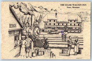 Essex Montana Postcard Izaak Walton Inn Locomotive Train Art Drawing 1990 Posted