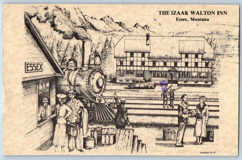 Essex Montana Postcard Izaak Walton Inn Locomotive Train Art Drawing 1990 Posted