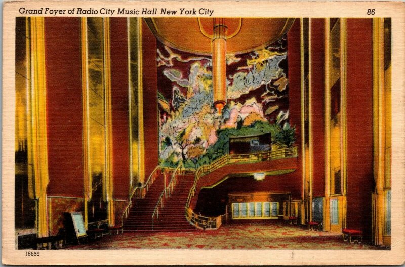 FOYER - RADIO CITY MUSIC HALL , LINEN, UNPOSTED, NEW YORK CITY, NY - POSTCARD