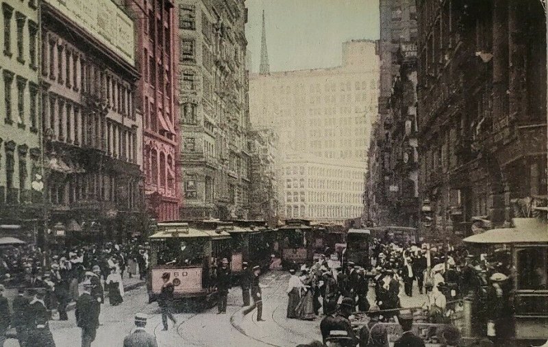 Broadway New York NY Most Famous Street In US Postcard Trolleys People Building