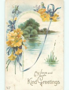 Pre-Linen PEACEFUL LAKE SCENE WITH YELLOW FLOWERS k4266