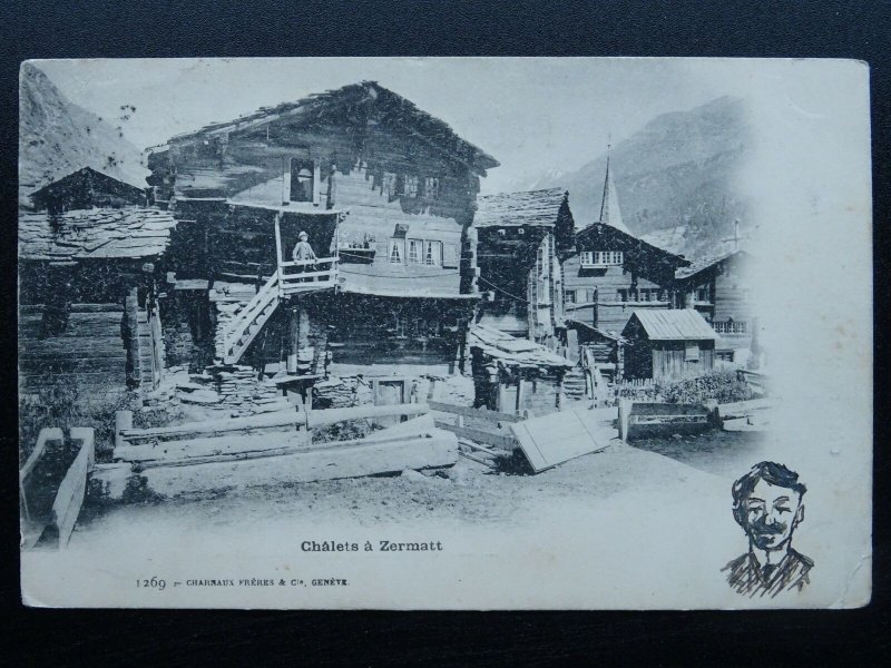 Switzerland Swiss Alps ZERMATT Chalets HAND DRAWN CARICATURE c1902 Postcard