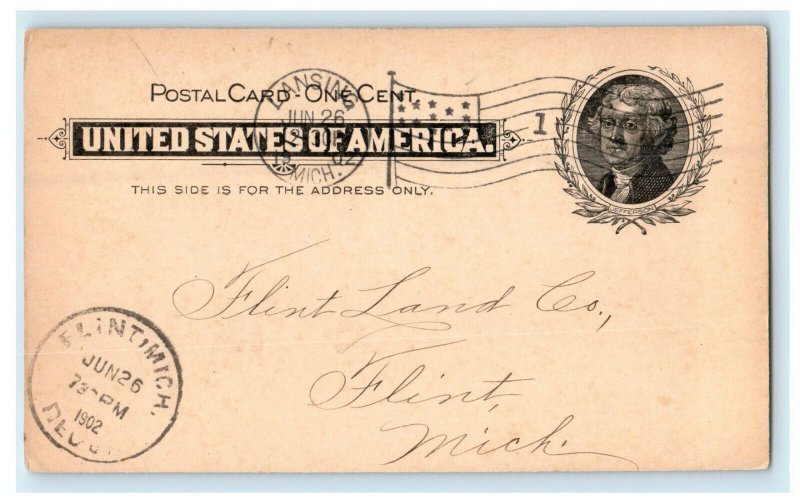 1902 Michigan Government Auditor Check Lansing Flint Land Co. MI Postcard