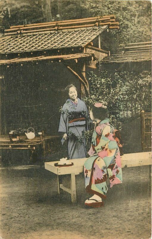 Hand colored Women outdoor Tea Japan 1910 Postcard 13038 