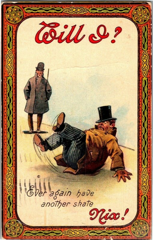 Will I? Ever Have Another Skate? Nix! Man Falls on Rear Vintage Postcard D44