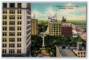 Savannah Georgia GA Postcard Looking South On Bull Street Buildings Scene c1940