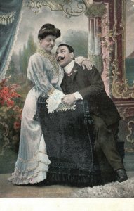 Vintage Postcard Lovers Couple Man With Beard Wedding Day Romance