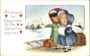 Whitney Little Girls at Train Station Valentine Express c1920 Vintage Postcard