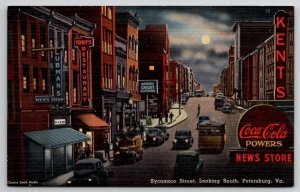 Night Neon Coca-Cola Signs Sycamore Street Petersburg VA 1940s Postcard C31