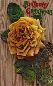 Vintage Postcard 1910's Birthday Greetings Yellow Rose Large Print Remembrance