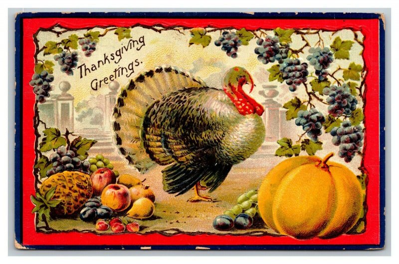 Vintage 1940 Thanksgiving Postcard Giant Turkey Seasonal Fruit & Pumpkin