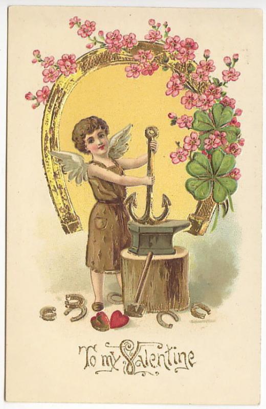 To My Valentine Cupid Blacksmith Wreath Embossed Postcard