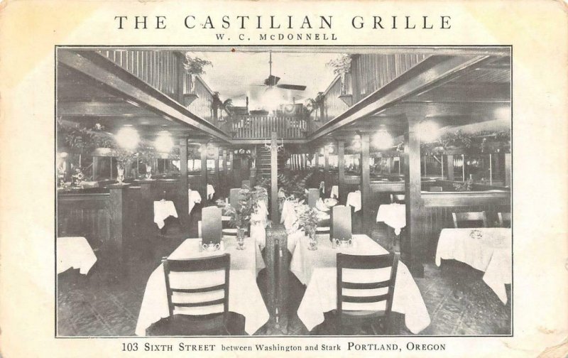 PORTLAND, OR Oregon CASTILIAN GRILLE RESTAURANT~Sixth St~Interior  1911 Postcard