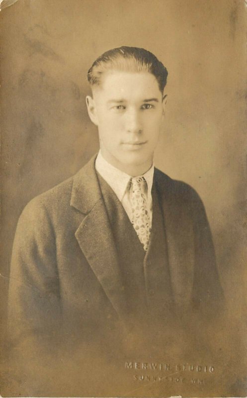 C1930 RPPC Postcard Handsome Young Man Portrait, Merwin Studio, Sunnyside WA